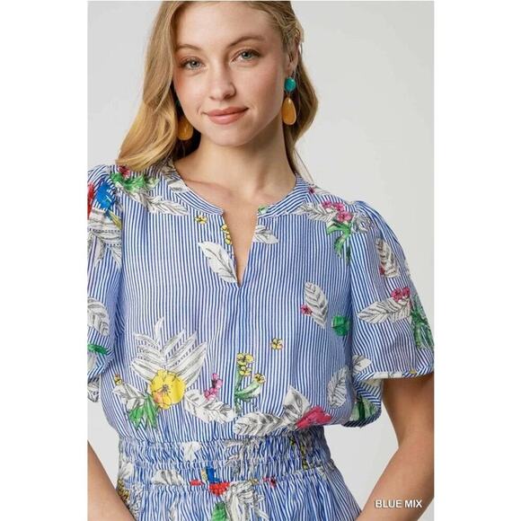 Umgee Blue Mix Floral Striped Peplum Blouse - Picture 4 of 4